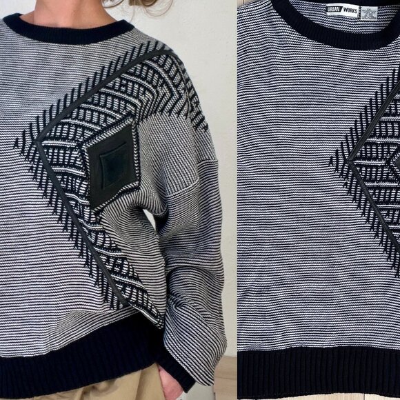 Vintage 90s Urban Works Black White Striped w/ Leather Trim Crewneck Sweater XXL - Picture 1 of 15